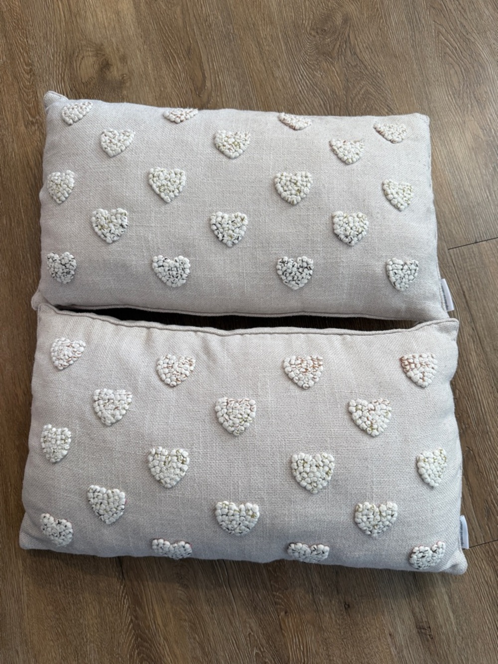 Cupcakes & Cashmere Blush Pink Cream Knitted Embroidered Heart Throw Pillow Pair